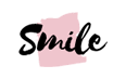 A pink and black smile logo on top of a green background.