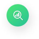 A green circle with a magnifying glass and bar graph.