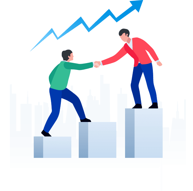 Two men shaking hands on top of a building.