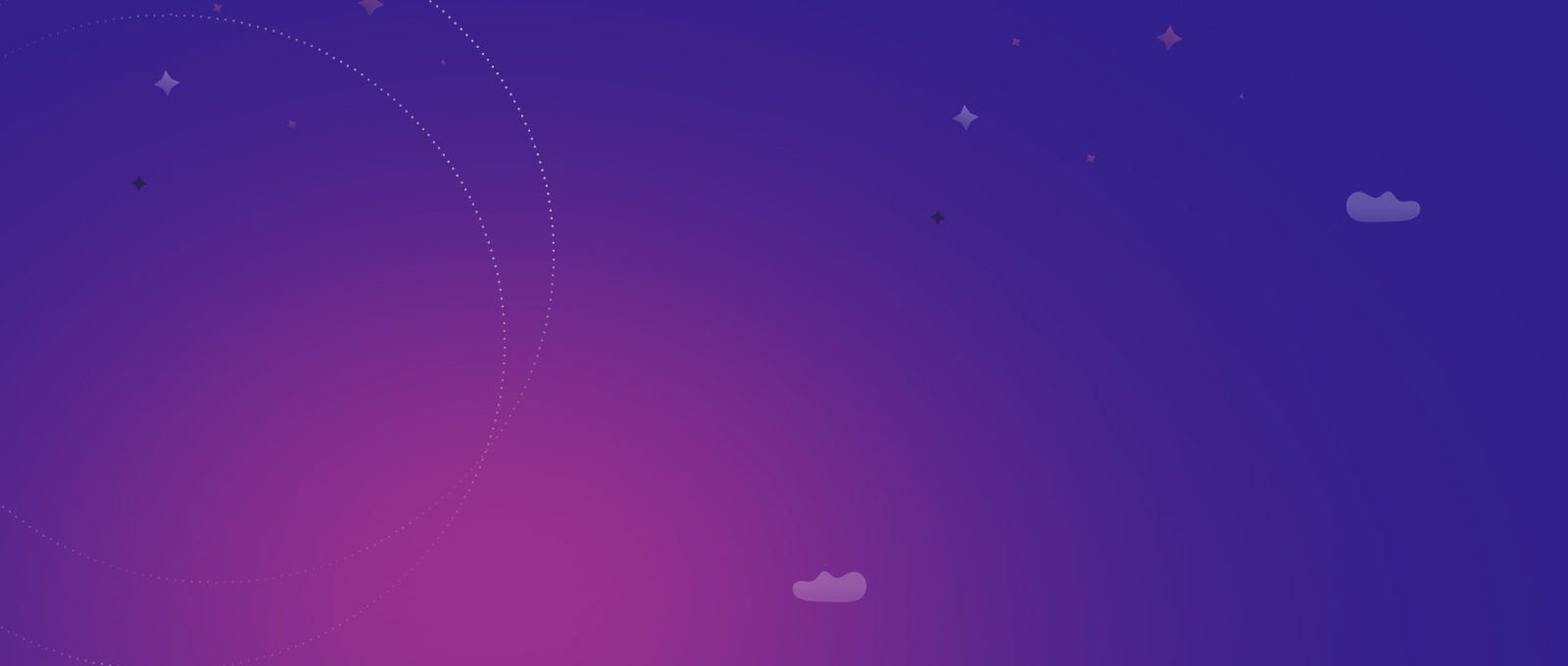 A purple sky with some white clouds and some stars