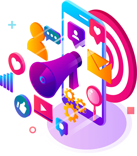 A purple megaphone is on top of a phone.