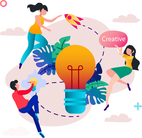 A group of people standing around an orange light bulb.