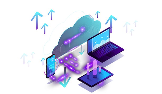 A computer with the cloud and arrows pointing up.