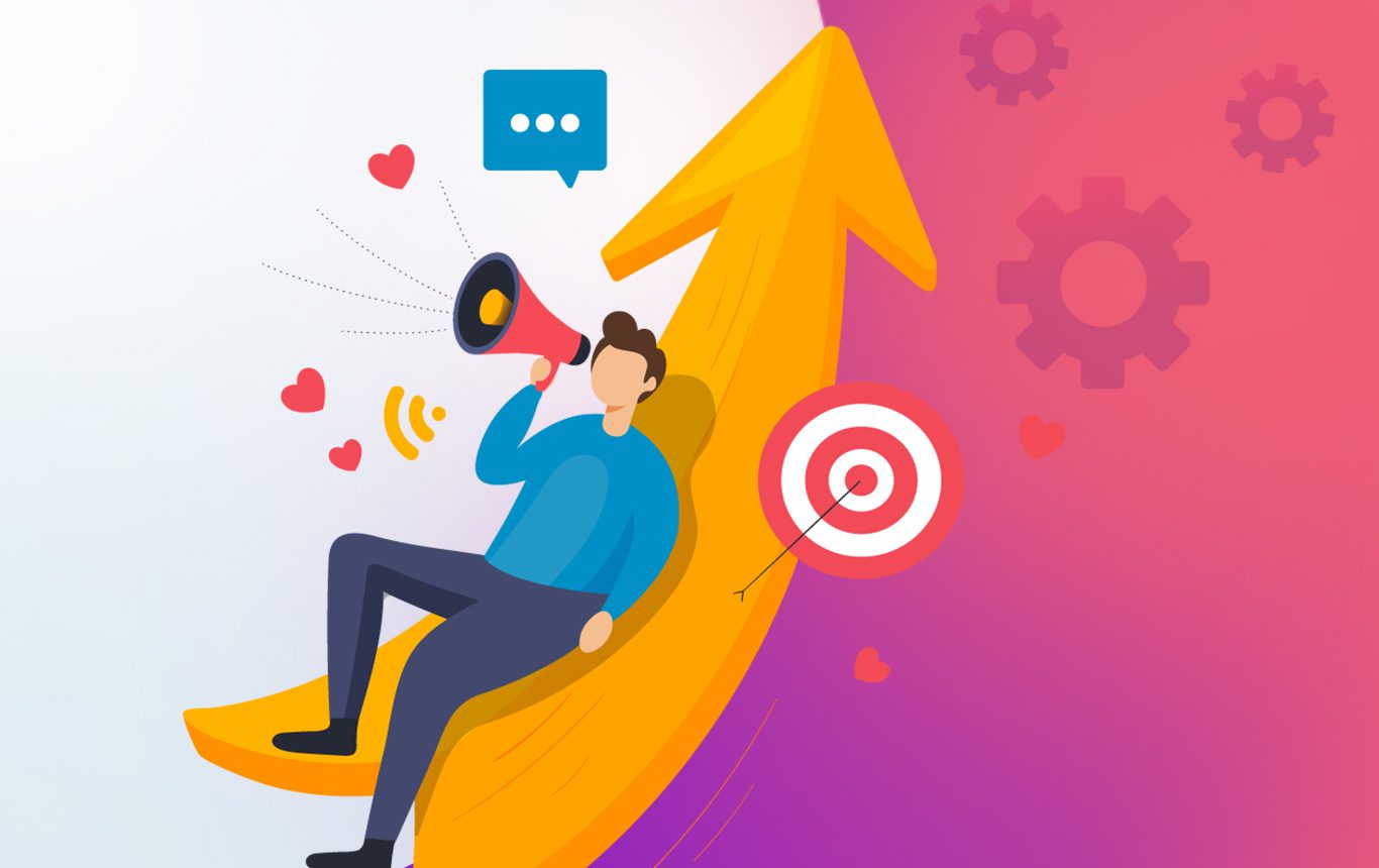 A man sitting on an orange arrow with a megaphone.