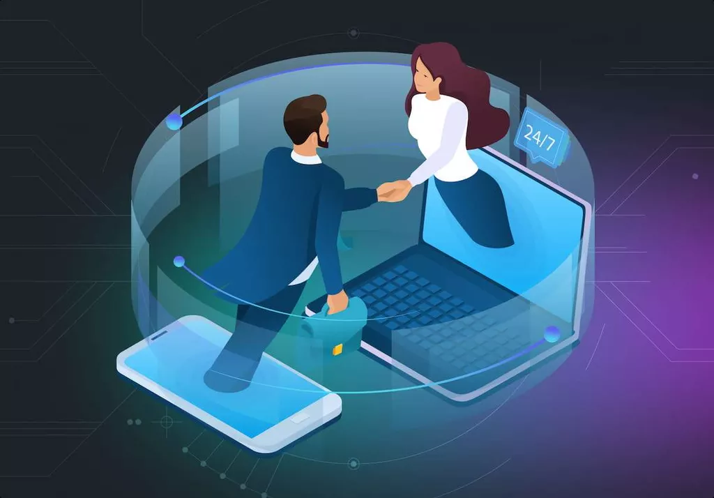 Business handshake through digital devices.